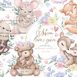 Mamá te ama conjunto de imágenes prediseñadas. Archivos PNG de la familia de animales del bosque. imágenes prediseñadas de mamá. Uso comercial y personal. Archivos PNG de 300 DPI.