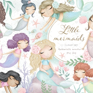 Cute little mermaids clipart set. Sea girls, underwater clipart. Sea babies clipart. 300 dpi PNG files. Commercial use.