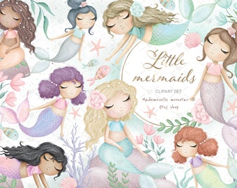 Cute little mermaids clipart set. Sea girls, underwater clipart. Sea babies clipart. 300 dpi PNG files. Commercial use.