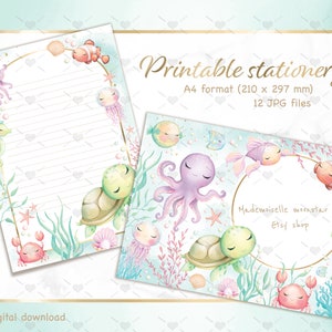 Papelaria para impressão, bebezinhos do mar. Carta imprimível. Desenhos forrados e brancos. 12 projetos. Formato A4 (210 x 297 mm).