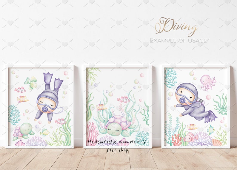 May include: Three watercolor illustrations of underwater scenes. The first shows a diver with a purple and blue diving suit, a green turtle, and colorful fish. The second shows a green turtle with closed eyes and pink coral. The third shows a diver with a purple and blue diving suit, an octopus, and colorful fish. The text "Diving" and "Example of Usage" is at the top of the image.