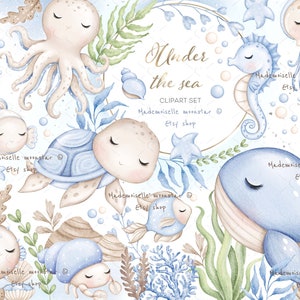 Blue little sea animals clipart. Cute sea creatures digital PNG files. Turtle, fishes, octopus, jellyfish, sea horse, wale. Commercial use.