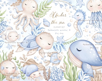 Blue little sea animals clipart. Cute sea creatures digital PNG files. Turtle, fishes, octopus, jellyfish, sea horse, wale. Commercial use.