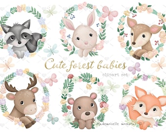 Cute forest babies animals Clipart Set 300 dpi PNG files. Woodland animals with wreath clipart digital files.