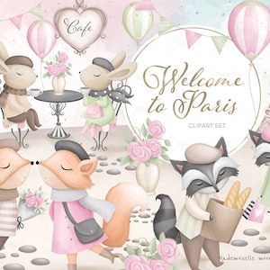 Bienvenue à Paris Clipart Set. Clipart mignon d’animaux de forêt. 300 fichiers PNG dpi. Fichiers numériques à usage commercial.