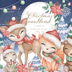 Clipart des animaux de la forêt de Noël. Pays des merveilles de l’hiver. Animaux des bois, renard, ours, rennes, lapin, souris. Fichiers PNG 300 dpi Utilisation commerciale.