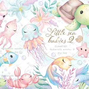Kleine zeedieren clipart - deel 2. Schattige zeedieren digitale png-bestanden. Schildpad, vissen, octopus, kwallen, zee. Commercieel gebruik
