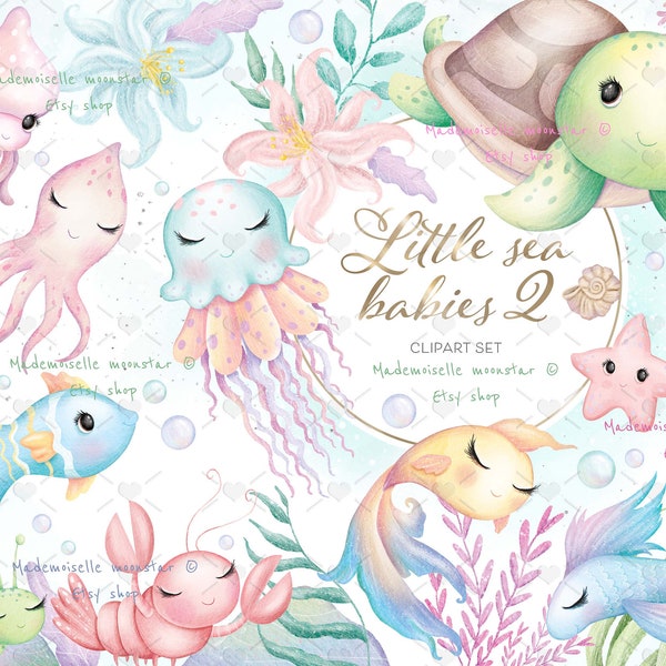 Little sea animals clipart - Part 2. Cute sea creatures digital PNG files. Turtle, fishes, octopus, jellyfish, sea. Commercial use