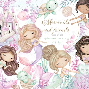 Clipart della sirenetta, piccoli cuccioli di mare, castello delle sirene. Set di clipart sotto il mare. Uso commerciale e personale.
