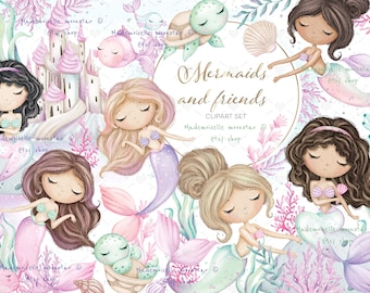 Little mermaid clipart, little sea babies, mermaid castle. Under the sea clipart set. Commercial and personal use.