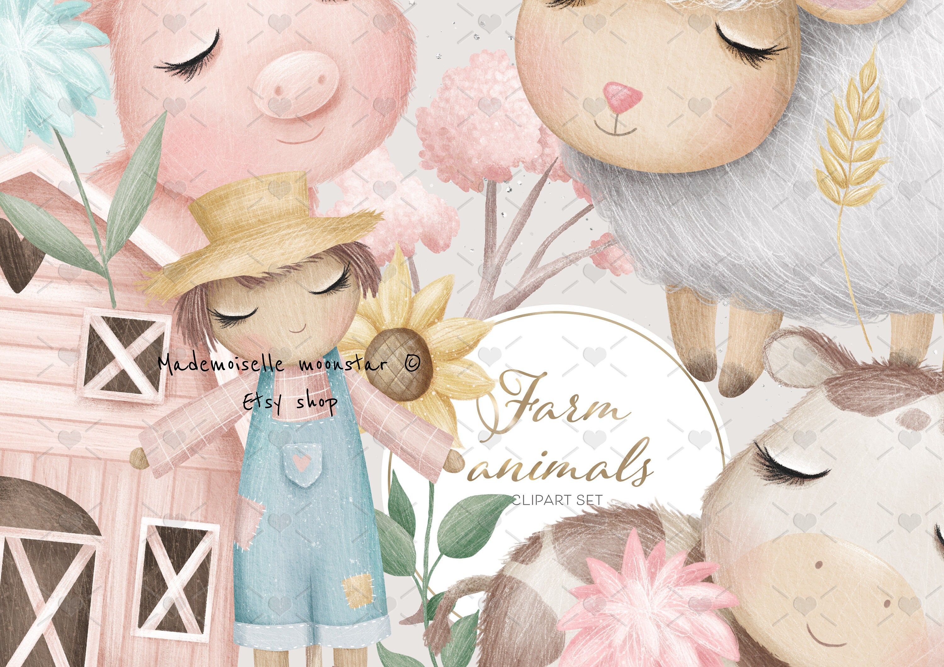Cute Farm Animals Clipart. Farm Animals Pig, Cow, Horse, Dog, Sheep ...