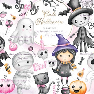 かわいいピンクのハロウィーン クリップアート。幽霊、魔女、怪物、骸骨、黒猫。300 dpi PNG デジタル ファイル。商用利用可能。