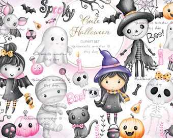 Cute, pink Halloween Clipart. Ghost, witch, monster, sceleton, black cat. 300 dpi PNG digital files. Commercial use.
