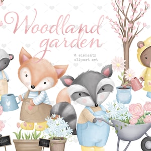 Jardin de printemps boisé Clipart Set. Renard, Raton laveur, ours, mouffette, fleurs. Clipart mignon d’animaux de forêt.  Utilisation commerciale.