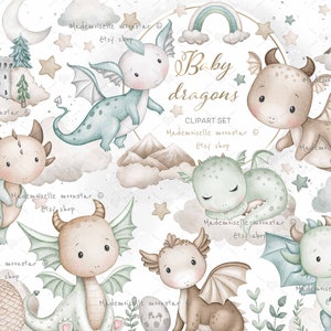 Conjunto de imágenes prediseñadas de dragón bebé. Dragón acuarela, lindos gráficos. Imágenes prediseñadas de niños. Uso comercial. Archivos PNG de 300 ppp.