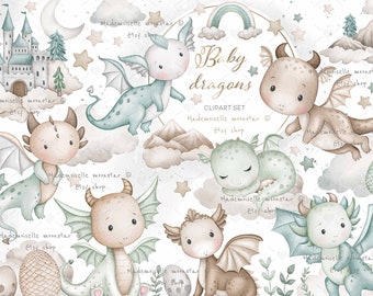 Baby dragon clipart set. Watercolor dragon, cute graphics. Boys clipart. Commercial use. 300 dpi PNG Files.