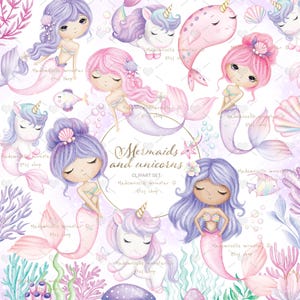 小さな人魚とユニコーンのクリップアート セット。ユニコーン、レインボー人魚。300 dpi PNG ファイル。個人および商用利用可。