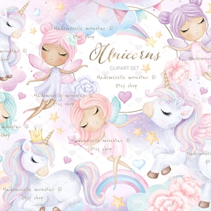 Insieme di clipart di unicorni e fate. Arcobaleno, pony, fata principessa. Uso commerciale e personale