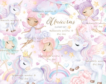 Unicorns and fairies clipart set. Rainbow, pony, princess fairy. Commercial and personal use