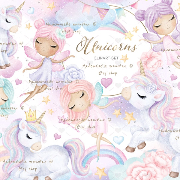 Unicorns and fairies clipart set. Rainbow, pony, princess fairy. Commercial and personal use