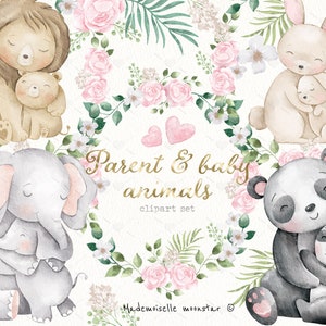 Conjunto de clipart aquarela de animais mãe e bebê. Panda, elefante, coelho, leão Arquivos PNG, 300 DPI. Uso comercial e pessoal.