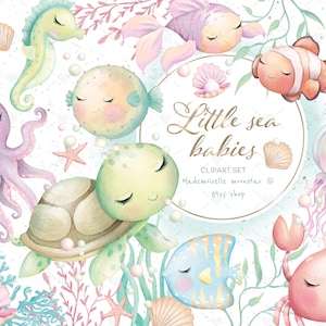 Little sea animals clipart. Cute sea creatures digital PNG files. Turtle, fishes, octopus, jellyfish, sea horse. Commercial use.