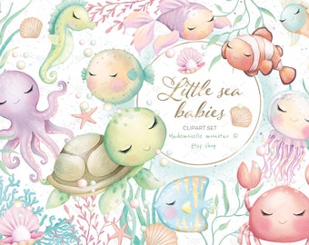 Little sea animals clipart. Cute sea creatures digital PNG files. Turtle, fishes, octopus, jellyfish, sea horse. Commercial use.