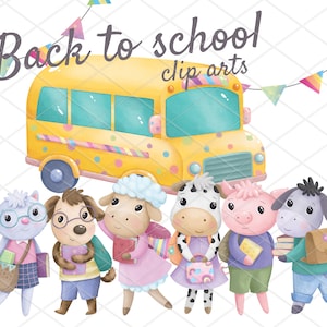Retour à l’école animaux de ferme clipart, clipart bus scolaire, Aquarelle École Clipart Télécharger, utilisation commerciale, 300 DPI, fichiers PNG