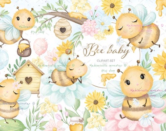 Bee and honey clipart set. Cute baby bee, honey, flowers 300 dpi PNG files. Comercial and personal use.