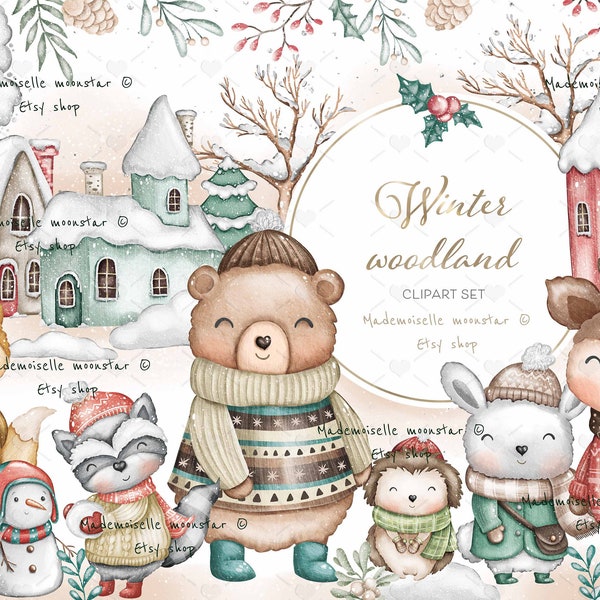 Winter woodland clipart set. Cute forest animals. Cozy Christmas clipart set. 300 dpi PNG files. Commercial use.