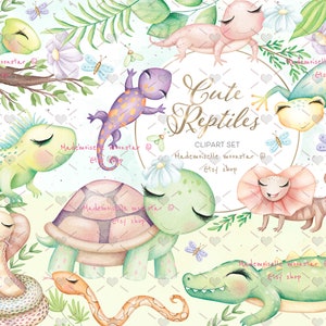 Leuke reptielen clipart set. Hagedis, slang, schildpad, krokodil, leguaan, kameleon clipart. Commercieel en persoonlijk gebruik. PNG-bestanden van 300 dpi.