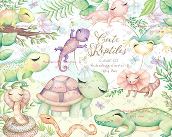 Cute reptiles clipart set. Lizard, snake, turtle, crocodile, iguana, chameleon clipart. Comercial and personal use. 300 dpi PNG files.