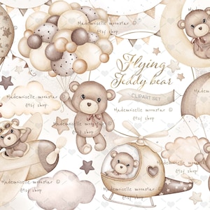Simpatico orsacchiotto clipart. Boho, orsacchiotto neutro. Mongolfiera dell'acquerello. Uso commerciale e personale. È una clipart da ragazzo.
