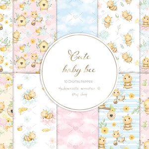 May include: A set of 10 digital papers featuring cute cartoon baby bees in various poses and settings. The papers are in a variety of colors, including pink, blue, yellow, and white. The papers are perfect for scrapbooking, card making, and other craft projects.  "Cute baby bee" and "10 digital paper" are written in the center of the image.