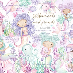 Schattige zeemeermin en zeedieren clipart set. Zeemeerminhuis, onderwaterwereld, walvis, octopus, regenboogvis. 300 dpi PNG-bestanden. Commercieel gebruik.