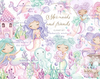 Peut inclure: Ensemble de cliparts aquarelle avec des sirènes et des créatures marines. L'illustration comprend des sirènes aux couleurs de cheveux variées, une pieuvre, une baleine et un coffre au trésor. Le texte "Mermaids and friends" est affiché en lettres dorées.