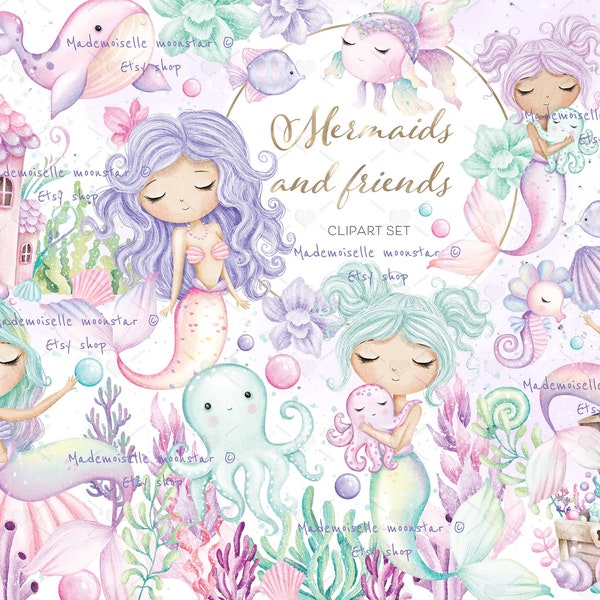 Cute mermaid and sea animals clipart set. Mermaid house, underwater world, whale, octopus, rainbow fish. 300 dpi PNG files. Commercial use.