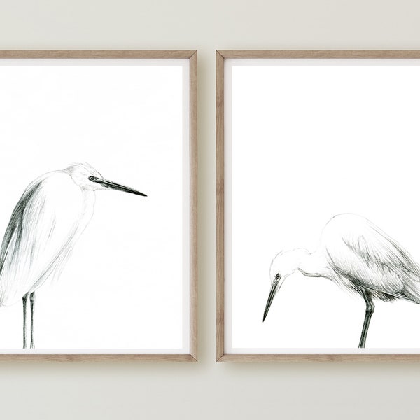 Little Egret, Egret Painting, Heron Wall Art, Waterbird Prints, Black White Bird Art, Minimalist Decor, Nature Modern Print, Coastal Birds