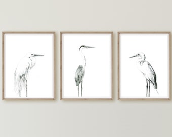 Great White Heron, Cocoi Heron, Home Decor, Minimalist Pencil Art, Egret Drawing, Black White Egret Print, Minimalist Animal Art