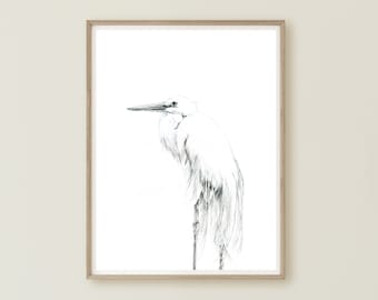Great White Heron, Heron Wall Art, Home Decor, Wetland Bird, Egret Painting, Minimal Bird Art, Minimalist Decor, Pencil Wall Art