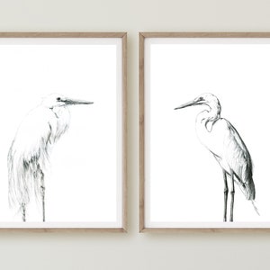 Great White Heron, Heron Painting, Heron Art, Home Decor, Egret Drawing, Black White Egret Art, Black White Heron Print, Minimal Bird Art