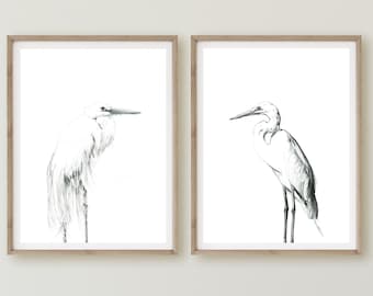 Great White Heron, Heron Painting, Heron Art, Home Decor, Egret Drawing, Black White Egret Art, Black White Heron Print, Minimal Bird Art