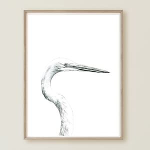 Gran garza blanca, arte de la pared de la garza, pintura de la garza, pájaro del humedal, decoración de la habitación de la garza, pintura de la garceta, impresión del pájaro, impresión mínima del pájaro