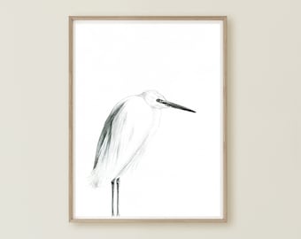 Little Egret, Egret Wall Art, Heron Painting, Wetland Bird, Heron Room Decor, White Egret Painting, White Heron Print, Minimal Bird Print