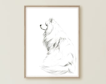 Samoyed, Dog Portrait, Samoyed Drawing Print, Samoyed Wall Art, Black White Wall Art, Minimalist Dog Print, Minimalist Pencil Sketches