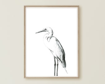 Great White Heron, Heron Wall Art, Heron Painting, Wetland Bird, Heron Room Decor, Egret Painting, Bird Print, Minimal Bird Print