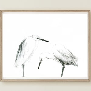 Little Egret, Black White Heron Print, Black White Egret Art, Minimal Home Decor, Bird Wall Art, Wild Animal Print, Pencil Drawing Print