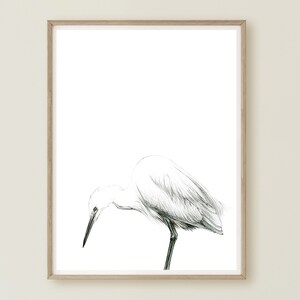 Kleine Reiher, Reiher Wandkunst, weiß Reiher Malerei, Feuchtgebiet Vogel, Reiher Zimmer Dekor, silbern Reiher Malerei, weiße Vogel Kunst, minimale Vogel Druck