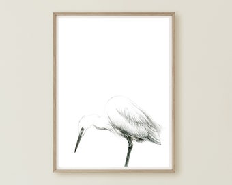 Little Egret, Heron Wall Art, White Heron Painting, Wetland Bird, Heron Room Decor, White Egret Painting, White Bird Art, Minimal Bird Print
