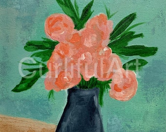 8x10in floral art - original painting - teal, pink, green - Unframed flower wall art